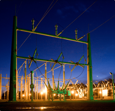 Dependable power — electrical substation at dusk